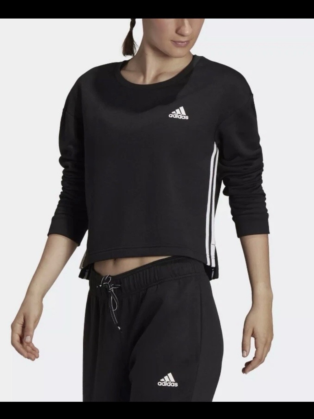 Adidas Essentials Comfort Fleece Loose Cropped 3-Stripes Sweatshirt Black Medium